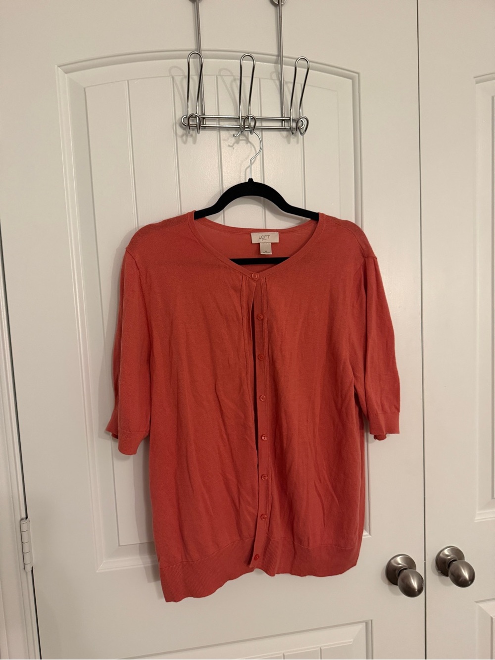LOFT Coral-Orange Button Front Short Sleeve Cardigan